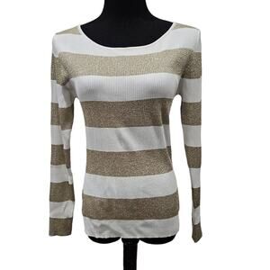 Boston Proper Lurex Stripe Gold Metallic Sweater Medium Ribbed Academia Career